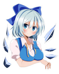 Rule 34 | 1girl, absurdres, alternate breast size, blue eyes, blue hair, blush, bow, breast lift, breast rest, breasts, cirno, hair bow, highres, ice, ice wings, matching hair/eyes, naughty face, nekoro (nekokabuto), short hair, simple background, solo, touhou, upper body, wings