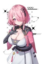 Rule 34 | 1girl, absurdres, black gloves, blush, breasts, cleavage, closed mouth, collarbone, gloves, hair ornament, hair over one eye, hand on own chest, head tilt, highres, large breasts, looking at viewer, pink eyes, pink hair, purple eyes, purple pupils, smile, solo, taiyaki12, taoqi (wuthering waves), tassel, tassel hair ornament, wuthering waves