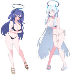 Rule 34 | 2girls, absurdres, alternate costume, bare arms, bare legs, bare shoulders, bikini, black bikini, blue archive, blush, breasts, cleavage, closed mouth, full body, grey hair, halo, highres, large breasts, long hair, looking at viewer, mechanical halo, midang, multiple girls, noa (blue archive), one eye closed, open mouth, purple eyes, purple hair, sandals, simple background, swimsuit, two side up, white background, white bikini, yuuka (blue archive)