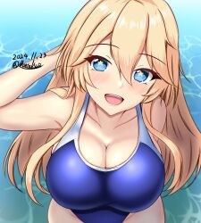 1girl blonde_hair blue_eyes blue_one-piece_swimsuit breasts cleavage competition_swimsuit covered_navel dated day hair_between_eyes highres impossible_clothes impossible_swimsuit iowa_(kancolle) kantai_collection large_breasts long_hair looking_at_viewer montemasa multicolored_clothes multicolored_swimsuit ocean one-hour_drawing_challenge one-piece_swimsuit open_mouth outdoors solo star-shaped_pupils star_(symbol) swimsuit symbol-shaped_pupils twitter_username two-tone_swimsuit water