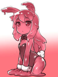 Rule 34 | 1girl, animal ears, bare shoulders, bow, bowtie, breasts, closed mouth, colored sclera, cowboy shot, detached collar, fake animal ears, fukurou (owl222), gradient background, leotard, looking at viewer, monochrome, monster girl, original, pink background, pink eyes, pink hair, pink sclera, pink theme, playboy bunny, rabbit ears, rabbit girl, slime girl, small breasts, solo, trembling, wrist cuffs