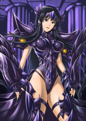Rule 34 | 1girl, armor, armored leotard, artist request, black hair, blue eyes, breasts, curvy, feathers, female focus, fingerless gloves, floating hair, gloves, highleg, highleg leotard, highres, indoors, large breasts, legs, leotard, long hair, looking at viewer, night, owl partita, parted lips, pillar, purple armor, revealing clothes, saint seiya, saint seiya: the lost canvas, shiny skin, smile, solo, standing, tiara, very long hair