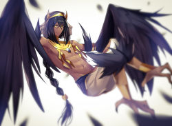 Rule 34 | 1boy, abs, absurdres, armlet, backlighting, bare pectorals, black hair, blurry, blurry foreground, claws, egyptian, egyptian clothes, egyptian mythology, feathered wings, feathers, full body, hairband, harpy boy, highres, long hair, looking at viewer, lury.sgh, male focus, monster boy, navel, original, pectorals, ponytail, solo, spread wings, toned, toned male, very long hair, wings, yellow eyes
