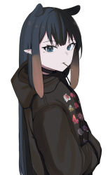 Rule 34 | 1girl, absurdres, black choker, black hair, black hoodie, blue eyes, choker, ear piercing, food, from side, hands in pockets, highres, hololive, hololive english, hood, hood down, hoodie, ku roiko, long hair, looking at viewer, looking to the side, mole, mole under eye, mouth hold, ninomae ina&#039;nis, piercing, pocky, pointy ears, simple background, solo, tentacle hair, upper body, virtual youtuber, white background