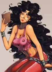 Rule 34 | 1girl, :p, bespectacled, black hair, book, bracelet, breasts, brown eyes, capcom, capcom fighting jam, chain, cleavage, genderswap, genderswap (mtf), glasses, hugo andore, jewelry, large breasts, leather, long hair, midnight bliss, midriff, nekkeau, no bra, open book, reading, solo, star (symbol), street fighter, tongue, tongue out, torn clothes, wavy hair