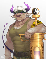 Rule 34 | 1boy, animal ears, bara, bare arms, bare shoulders, belt, camouflage, chest hair, covered abs, cow boy, cow ears, cow horns, furry, furry male, goshiki, green tank top, headband, highres, holding, holding weapon, horns, huge weapon, large pectorals, male focus, mint, muscular, oversized object, pectorals, planted, purple eyes, purple horns, shennong (housamo), short hair, sideburns, slime (substance), solo, syringe, tank top, tokyo houkago summoners, upper body, weapon, white hair