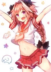 Rule 34 | 1boy, absurdres, arms up, astolfo (fate), astolfo (sailor paladin) (fate), black ribbon, blush, braid, fang, fate/grand order, fate (series), hair ribbon, highres, long hair, male focus, midriff, navel, official alternate costume, open mouth, pink eyes, pink hair, red skirt, ribbon, school uniform, serafuku, short sleeves, skirt, solo, star (symbol), sukemyon, trap, white background