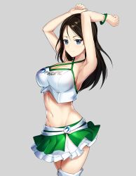 Rule 34 | 10s, 1girl, absurdres, akamoku, alternate costume, armpits, arms up, bad id, bad pixiv id, black hair, blue eyes, breasts, cleavage, crop top, girls und panzer, grey background, halterneck, highres, large breasts, long hair, midriff, navel, nonna (girls und panzer), race queen, simple background, skirt, smile, solo, thighhighs