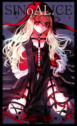 Rule 34 | 1girl, blonde hair, closed mouth, corset, cover, dress, full body, hair between eyes, highres, long hair, long sleeves, looking at viewer, magazine cover, nun, purple background, red dress, red headwear, red riding hood (sinoalice), seiza, simple background, sinoalice, sitting, solo, towada-san (thank39), yellow eyes