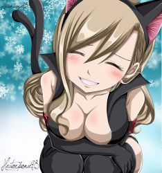 Rule 34 | 1girl, absurdres, animal ears, black gloves, black thighhighs, blonde hair, blush, breasts, cat ears, cleavage, eden&#039;s zero, elbow gloves, closed eyes, fake animal ears, fake tail, gloves, hectorponce98, highres, large breasts, long hair, rebecca bluegarden, simple background, smile, solo, squatting, tail, teeth, thighhighs