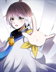 Rule 34 | 1boy, ahoge, ari (bleum), blonde hair, blush, green eyes, jewelry, laphicet (tales), male focus, necklace, open mouth, paper, simple background, solo, tales of (series), tales of berseria, white background