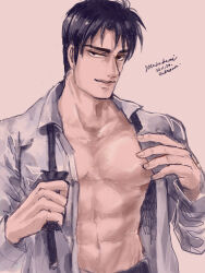 Rule 34 | 1boy, abs, artist name, black bow, black bowtie, black eyes, black hair, bow, bowtie, brown background, character name, closed mouth, commentary, dated, highres, kaiji, looking at viewer, male focus, medium bangs, murakami tamotsu, muscular, muscular male, nipples, open clothes, open shirt, shirt, simple background, smile, solo, symbol-only commentary, undone bowtie, unknown03162, upper body, white shirt