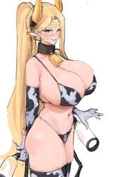 Rule 34 | 1girl, absurdres, alternate costume, animal print, ass, bell, bikini, blonde hair, blue eyes, blush, breasts, cerestia of life, collar, commentary, cow horns, cow print, cow print bikini, cow print gloves, cow print thighhighs, cowbell, elbow gloves, elf, forehead jewel, gloves, grin, hair between eyes, highres, horns, huge breasts, last origin, long hair, long pointy ears, milking machine, navel, neck bell, pointy ears, ponytail, print bikini, print gloves, print thighhighs, simple background, sketch, smile, solo, swimsuit, symbol-only commentary, thighhighs, uun (uundayo), very long hair, white background