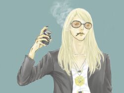 Rule 34 | 1boy, black jacket, black nails, blonde hair, cigarette, cigarette pack, collarbone, fate/grand order, fate (series), flapper shirt, green background, holding, holding cigarette pack, jacket, jewelry, long hair, looking at viewer, male focus, medallion, necklace, open clothes, open jacket, orange-tinted eyewear, sasami-telepath, shirt, simple background, smile, smoke, solo, sunglasses, tezcatlipoca (fate), tinted eyewear, upper body, white shirt