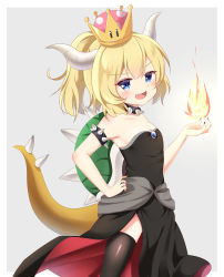 Rule 34 | 1girl, :d, absurdres, aged down, bare shoulders, black dress, black nails, black thighhighs, blonde hair, blue eyes, blush, bowsette, breasts, cleavage, collar, collarbone, commentary request, crown, dress, fang, fingernails, fire, grey background, hair between eyes, hand on own hip, head tilt, highres, horns, ikazu401, looking at viewer, mario (series), mini crown, nail polish, new super mario bros. u deluxe, nintendo, open mouth, small breasts, smile, solo, spiked collar, spiked shell, spiked tail, spikes, strapless, strapless dress, super crown, tail, thighhighs, turtle shell, two-tone background, v-shaped eyebrows, white background