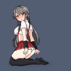 Rule 34 | 10s, 1girl, alternate costume, black hair, black thighhighs, cuffs, grey background, hairband, haruna (kancolle), kantai collection, long hair, panties, pleated skirt, red eyes, red skirt, shackles, simple background, skirt, solo, suspenders, thighhighs, tun, underwear, white hairband, white panties