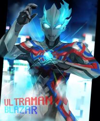 Rule 34 | 1boy, alien, arm up, asymmetrical horns, blue eyes, blue horns, character name, city, cityscape, color timer, contrapposto, crystal, glowing, glowing eyes, highres, horns, ni celery pk, night, night sky, orb, sky, solo, tokusatsu, twitter username, ultra series, ultraman blazar, ultraman blazar (series)
