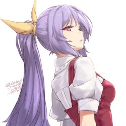 Rule 34 | 1girl, bow, breasts, hair bow, long hair, looking back, medium breasts, open mouth, ponytail, purple eyes, purple hair, rokuwata tomoe, simple background, solo, touhou, watatsuki no yorihime, white background