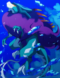 Rule 34 | blue background, blurry, claws, closed mouth, colored sclera, commentary, creatures (company), game freak, kou11021301, nintendo, no humans, pokemon, pokemon (creature), solo, symbol-only commentary, walking wake, water, water drop, yellow sclera