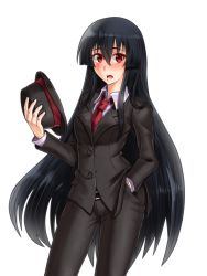 Rule 34 | 10s, 1girl, akame (akame ga kill!), akame ga kill!, belt, black hair, blush, breasts, female focus, hat, highres, large breasts, long hair, looking at viewer, necktie, open mouth, red eyes, red neckwear, simple background, standing, very long hair