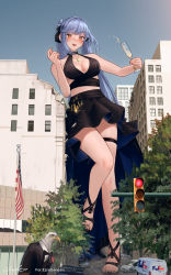 Rule 34 | 1girl, absurdres, american flag, azur lane, bald eagle, bird, black dress, black skirt, blue hair, breasts, building, car, city, cityscape, cleavage cutout, clothing cutout, criss-cross halter, day, destruction, dress, drunk, eagle, essex (azur lane), essex (craft fairytail) (azur lane), fedex, giant, giantess, halterneck, highres, jewelry, large breasts, long hair, motor vehicle, necklace, official alternate costume, open mouth, outdoors, red eyes, sandals, size difference, skirt, solo, thigh strap, traffic light, van, very long hair, walking, welt (kinsei koutenkyoku)