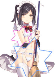 Rule 34 | 1girl, :o, absurdres, alternate costume, apron, bad id, bad pixiv id, black dress, black hair, blush, bow, bow bra, bow panties, bowtie, bra, broom, brown eyes, collared dress, commentary, cowboy shot, dress, enmaided, fate/kaleid liner prisma illya, fate (series), frilled dress, frills, garter belt, gluteal fold, hair ornament, hairclip, has bad revision, has downscaled revision, highres, holding, holding broom, juliet sleeves, long hair, long sleeves, looking at viewer, maid, maid apron, maid headdress, md5 mismatch, miyu edelfelt, nanananana, panties, parted bangs, parted lips, puffy sleeves, red bow, red bowtie, resolution mismatch, revealing layer, sidelocks, simple background, solo, source smaller, standing, star (symbol), sweat, sweatdrop, thighhighs, twintails, underwear, white apron, white background, white bra, white panties, white thighhighs, wind, wind lift