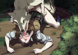 Rule 34 | 1girl, all fours, bestiality, blush, breath, brown hair, clothes lift, coppelion, doggystyle, glasses, green eyes, kneehighs, loafers, no panties, nomura taeko, open mouth, plaid, plaid skirt, polyle, rape, school uniform, sex, sex from behind, shoes, skirt, skirt around belly, skirt lift, socks, tongue, wolf