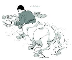 Rule 34 | 1boy, artist name, book, book stack, centaur, coat, full body, golden kamuy, green theme, hand up, highres, holding, holding book, hooves, horse tail, long sleeves, looking at object, looking down, male focus, military uniform, monochrome, monster boy, monsterification, pile of books, reading, short hair, signature, sitting, solo, tail, taur, translation request, tsukishima hajime, tsuruko turuta, uniform, very short hair