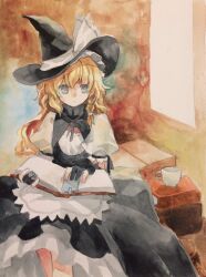 Rule 34 | 1girl, apron, black dress, black gloves, black hat, black ribbon, blonde hair, book, book on lap, braid, commentary request, cup, dress, flat chest, frilled dress, frilled hat, frills, gloves, grey eyes, hat, hat ribbon, highres, holding, holding cup, indoors, kaigen 1025, kirisame marisa, long hair, neck ribbon, open book, painting (medium), partially fingerless gloves, pinafore dress, puffy short sleeves, puffy sleeves, ribbon, shirt, short sleeves, side braid, single braid, sitting, sleeveless, sleeveless dress, solo, touhou, traditional media, waist apron, watercolor (medium), white apron, white shirt, witch hat