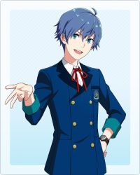 Rule 34 | 1boy, ahoge, amamine shu, blue eyes, blue hair, breast pocket, buttons, collared shirt, fingernails, formal, hair between eyes, idolmaster, idolmaster side-m, idolmaster side-m growing stars, male focus, neck ribbon, official art, open mouth, pocket, ribbon, shirt, simple background, smile, solo, suit, teeth, third-party source, upper teeth only, watch
