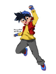 Rule 34 | &gt;:d, 00s, 1boy, :d, absurdres, artist name, backwards hat, bad anatomy, bakuten shoot beyblade, baseball cap, beyblade, black hair, blue gloves, brown eyes, dated, fingerless gloves, full body, gloves, grey eyes, hair between eyes, hat, highres, jumping, kinomiya takao, long hair, long sleeves, looking at viewer, male focus, open clothes, open mouth, open vest, pants, poorly drawn, self-upload, shirt, shoes, simple background, smile, sneakers, spiked hair, v-shaped eyebrows, vest, vinnys712, white background