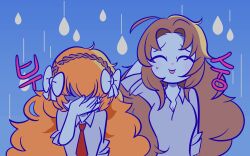 Rule 34 | 2girls, ahoge, arm up, bow, brown hair, closed eyes, color8838, facepalm, facing viewer, hair bow, highres, ishmael (project moon), limbus company, long hair, long sleeves, multiple girls, necktie, orange hair, parted bangs, project moon, red necktie, rodion (project moon), shirt, sidelocks, very long hair, water drop, white bow, white shirt