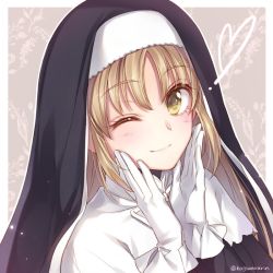 Rule 34 | 1girl, blush, frilled gloves, frills, gloves, habit, hagiwara rin, long hair, long sleeves, looking at viewer, nijisanji, nun, one eye closed, parted bangs, sister claire, sister claire (1st costume), smile, traditional nun, twitter username, upper body, virtual youtuber, white gloves, yellow eyes