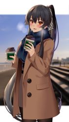 Rule 34 | 1girl, alternate costume, black hair, black pantyhose, blue scarf, blush, brown coat, buttons, coat, coffee cup, cowboy shot, cup, disposable cup, fringe trim, hair between eyes, holding, holding cup, ichinomiya (blantte), kantai collection, long hair, long sleeves, open clothes, open coat, open mouth, orange eyes, pantyhose, ponytail, scarf, smile, solo, yahagi (kancolle)