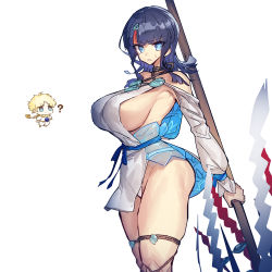 Rule 34 | 1boy, 1girl, ?, baggy clothes, bare shoulders, black hair, blonde hair, blue eyes, blue ribbon, blush, breasts, chibi, collarbone, dress, fate/grand order, fate/requiem, fate (series), fundoshi, japanese clothes, jewelry, large breasts, long sleeves, looking at viewer, magatama, magatama hair ornament, medium hair, melon22, multicolored hair, necklace, pelvic curtain, pink hair, polearm, puffy long sleeves, puffy sleeves, ribbon, scarf, short dress, sideboob, sideless outfit, simple background, spear, streaked hair, thick thighs, thighs, utsumi erice, voyager (fate), weapon, white background, white dress, yellow scarf
