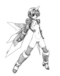 Rule 34 | 1girl, boots, breasts, censored, cleft of venus, full body, gauntlets, graphite (medium), greyscale, harumachi nagaaki, horns, monochrome, navel, nipples, nude, original, pussy, short hair, simple background, single horn, small breasts, small nipples, solo, standing, thighhighs, traditional media, white background, wings