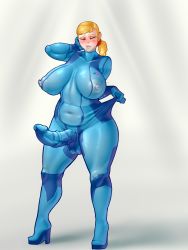 Rule 34 | 1futa, absurdres, blonde hair, blush, bodysuit, breasts, breasts apart, bulge, closed eyes, clothes, covered erect nipples, covered navel, erection, erection under clothes, futanari, high heels, highres, huge breasts, impossible clothes, large breasts, large penis, lip biting, lips, long hair, metroid, mole, navel, nintendo, nipples, penis, plump, ponytail, puffy nipples, samus aran, see-through, skin tight, solo, standing, stretching, testicles, thick thighs, thighs, uncensored, undersized clothes, upright-infinity, veins, veiny penis, wide hips, zero suit