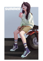 Rule 34 | 1girl, black hair, border, commentary, converse, drinking straw, fingernails, full body, green shirt, grey background, hair over shoulder, highres, light brown shorts, lips, long hair, long sleeves, looking at viewer, motor vehicle, motorcycle, nail polish, open mouth, original, parted lips, purple eyes, purple footwear, roogi tz, round teeth, shirt, shoes, shorts, sitting, socks, solo, striped clothes, striped socks, summer, teeth, text focus, untied footwear, white border, white nails
