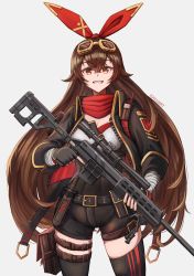 Rule 34 | 1girl, absurdres, alternate costume, amber (genshin impact), belt, brown eyes, brown hair, fingerless gloves, genshin impact, gloves, goggles, goggles on head, grin, gun, hairband, highres, ichi10art, jacket, knife, long hair, looking at viewer, open clothes, open jacket, rifle, shorts, smile, sniper rifle, solo, thighhighs, weapon, weapon request, white background, zettai ryouiki