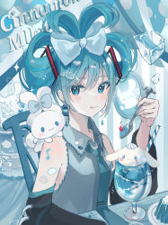 Rule 34 | 1girl, :3, :q, aqua eyes, aqua gemstone, aqua hair, aqua necktie, balloon, bare shoulders, black sleeves, blue bow, blush, blush stickers, bow, bubble, cake, chair, character name, cinnamiku, cinnamoroll, closed mouth, commentary, creature, creature on shoulder, crossover, cup, detached sleeves, drink, drinking glass, drinking straw, earrings, eating, food, framed image, frilled shirt, frills, grey shirt, hair bow, hair ornament, hatsune miku, heart, highres, holding, holding spoon, ice, ice cube, indoors, jewelry, looking at another, necktie, on shoulder, pudding, sanrio, shirt, sideways glance, sitting, smile, sparkle, spoon, sticker on arm, sutera sea, table, tied ears, tongue, tongue out, updo, upper body, vocaloid