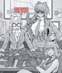 Rule 34 | 19vodnik, 3girls, :&gt;, absurdres, animal ears, artist name, aviator sunglasses, beretta 92, breasts, bullet, cat ears, cat girl, cigarette, cleavage, closed mouth, collarbone, collared shirt, commentary, english commentary, english text, fang, formal, glock, gloves, greyscale, grin, gun, hand on table, handgun, highres, holster, holstered, jacket, lanyard, large breasts, leaning forward, looking at viewer, magazine (weapon), monochrome, multiple girls, open mouth, original, profanity, rifle, shirt, signature, sleeveless, smile, speech bubble, spot color, suit, suit jacket, sunglasses, teeth, trigger discipline, weapon, weapon request, whiteboard