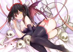 Rule 34 | 10s, 1girl, bare shoulders, black hair, bone, breasts, cleavage, clock eyes, date a live, demon girl, feet, garter straps, heterochromia, horns, lolita fashion, long hair, no shoes, red eyes, skull, smile, solo, demon girl, sunege (hp0715), symbol-shaped pupils, tail, tokisaki kurumi, twintails, wings, yellow eyes