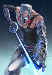 Rule 34 | 1boy, armor, blue eyes, broken heart, crossed legs, earrings, feet out of frame, flattop, fusion, glowing, glowing eyes, grey hair, grey pants, half-closed eyes, heart, heart earrings, highres, holding, holding sword, holding weapon, jean pierre polnareff, jewelry, jojo no kimyou na bouken, light particles, looking at viewer, male focus, muscular, muscular male, non (nikonikooon), outstretched arm, pants, silver chariot, single strap, sleeveless, solo, stand (jojo), stardust crusaders, sword, weapon