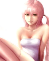 Rule 34 | 10s, 1girl, bad id, bad nicoseiga id, bare shoulders, blue eyes, brown thighhighs, cake (nico seiga), cake (nicoseiga), collarbone, final fantasy, final fantasy xiii, lips, long hair, looking at viewer, pink hair, rikku (cake), serah farron, side ponytail, solo, square enix, thighhighs