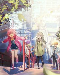 Rule 34 | 2boys, 2girls, :d, blonde hair, blue hair, blue jacket, blurry, blurry background, blurry foreground, cellphone, city, closed eyes, depth of field, green hair, green jacket, hand on own hip, highres, jacket, kamishiro rui, kusanagi nene, layered clothes, leaf, long hair, long sleeves, looking at viewer, multicolored hair, multiple boys, multiple girls, ootori emu, open mouth, outdoors, overalls, phone, pink hair, pink jacket, project sekai, purple eyes, purple hair, running, salute, shirt, shoes, short hair, skirt, smartphone, smile, sneakers, stairs, streaked hair, tenma tsukasa, tree, wonderlands x showtime (project sekai), yellow shirt, yuhi (hssh 6)