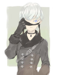 Rule 34 | 1boy, bad id, bad pixiv id, beretneko, black blindfold, black choker, black gloves, blindfold, blue eyes, choker, closed mouth, coat, commentary request, double-breasted, gloves, grey background, grey coat, hand up, highres, long sleeves, looking at viewer, male focus, nier (series), nier:automata, one eye covered, silver hair, solo, upper body, 9s (nier:automata)