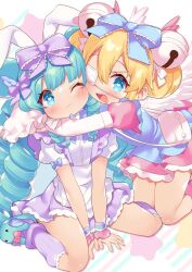 2girls animal_ears animal_slippers apron bag bell between_legs blonde_hair blue_apron blue_bow blue_eyes blue_footwear blue_hair blush borrowed_character bow bowtie cheek-to-cheek closed_mouth commentary_request commission cutesu_(cutesuu) double_bun dress drill_hair eyepatch frilled_bow frilled_socks frills hair_bell hair_between_eyes hair_bow hair_bun hair_ornament hand_between_legs heads_together heart heart-shaped_pupils highres hug jingle_bell kneeling layered_sleeves long_hair long_sleeves medical_eyepatch miruku_(cutesuu) msp_sammy multiple_girls one_eye_closed one_eye_covered open_mouth original pink_dress pink_wrist_cuffs puffy_short_sleeves puffy_sleeves purple_bow purple_bowtie purple_dress purple_socks quad_drills rabbit_ears short_hair short_over_long_sleeves short_sleeves shoulder_bag sidelocks sitting skeb_commission sleeve_bow sleeves_past_fingers sleeves_past_wrists slippers smile socks symbol-shaped_pupils very_long_hair wariza white_apron white_bag white_bow white_sleeves wing_hair_ornament wrist_cuffs