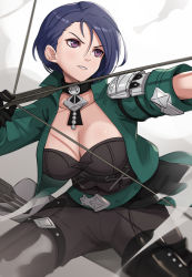 Rule 34 | 1girl, arrow (projectile), belt, blue hair, bow (weapon), breasts, choker, cleavage, drawing bow, fire emblem, fire emblem: three houses, gloves, gonzarez, green belt, highres, holding, holding bow (weapon), holding weapon, jacket, large breasts, nintendo, open clothes, open jacket, purple eyes, quiver, shamir nevrand, short hair, simple background, smile, solo, weapon