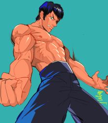 Rule 34 | 1boy, abs, black hair, blue background, fei long, hymc, male focus, muscular, pants, short hair, simple background, solo, street fighter, topless male