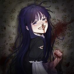 Rule 34 | 1girl, :d, bleeding, blood, blood in mouth, blood on face, blood on hands, blood splatter, blood stain, blunt bangs, character request, clenched hand, commentary request, crazy, crazy grin, crazy smile, dress, eyelashes, fang, frederica bernkastel, from side, grin, hair between eyes, half-closed eyes, hand up, highres, long hair, long sleeves, looking at viewer, messy hair, nasu (nasuotabe), nosebleed, open mouth, puffy long sleeves, puffy sleeves, purple eyes, purple hair, sidelocks, smile, solo, torn clothes, torn dress, umineko no naku koro ni, very long hair